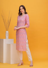 Charming Pink  Printed Cotton Long Kurti-Perfect Blend Of Style And Comfort