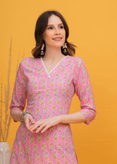 Charming Pink  Printed Cotton Long Kurti-Perfect Blend Of Style And Comfort