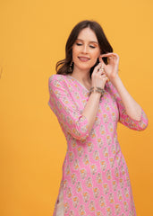 Charming Pink  Printed Cotton Long Kurti-Perfect Blend Of Style And Comfort