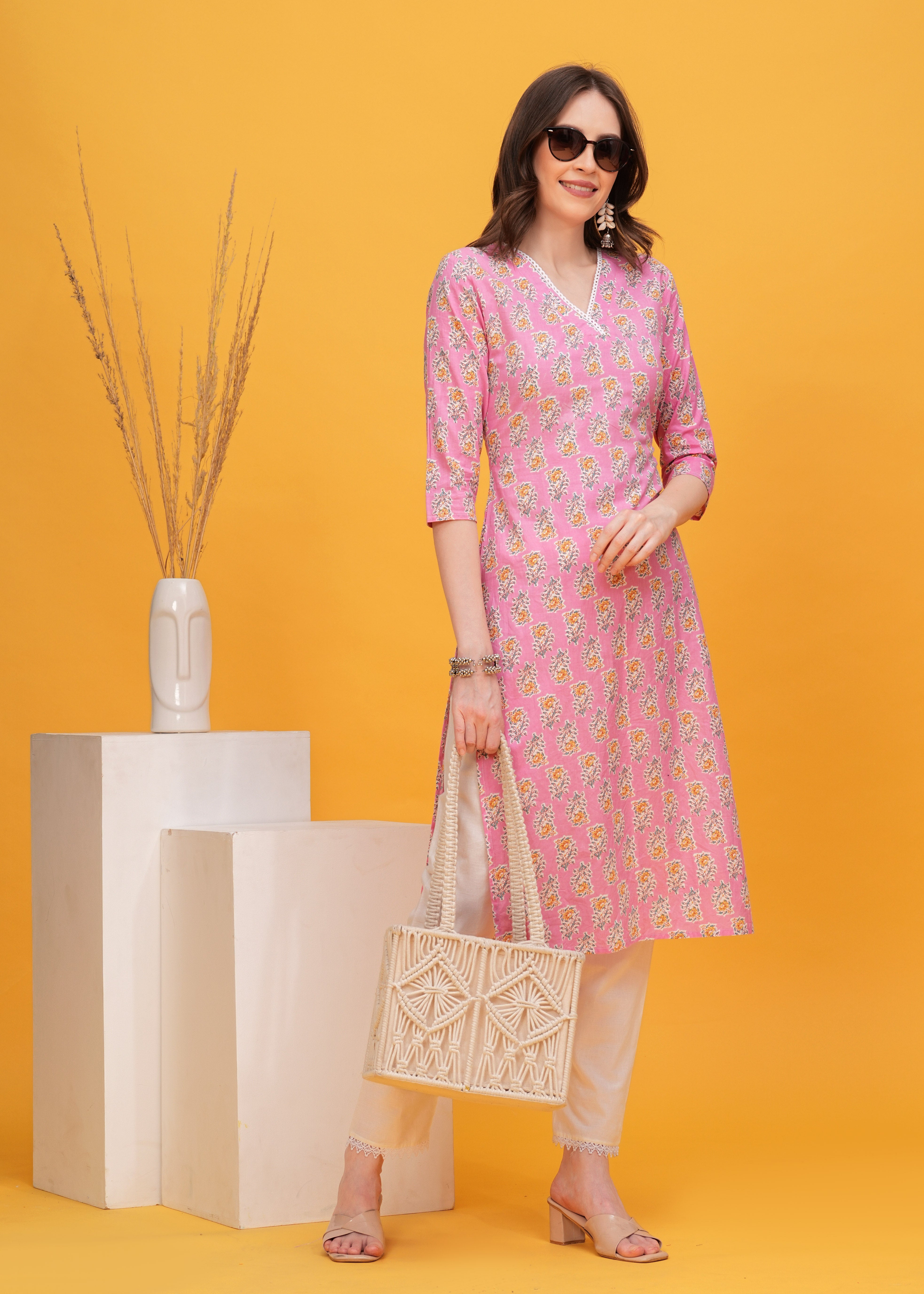 Charming Pink  Printed Cotton Long Kurti-Perfect Blend Of Style And Comfort