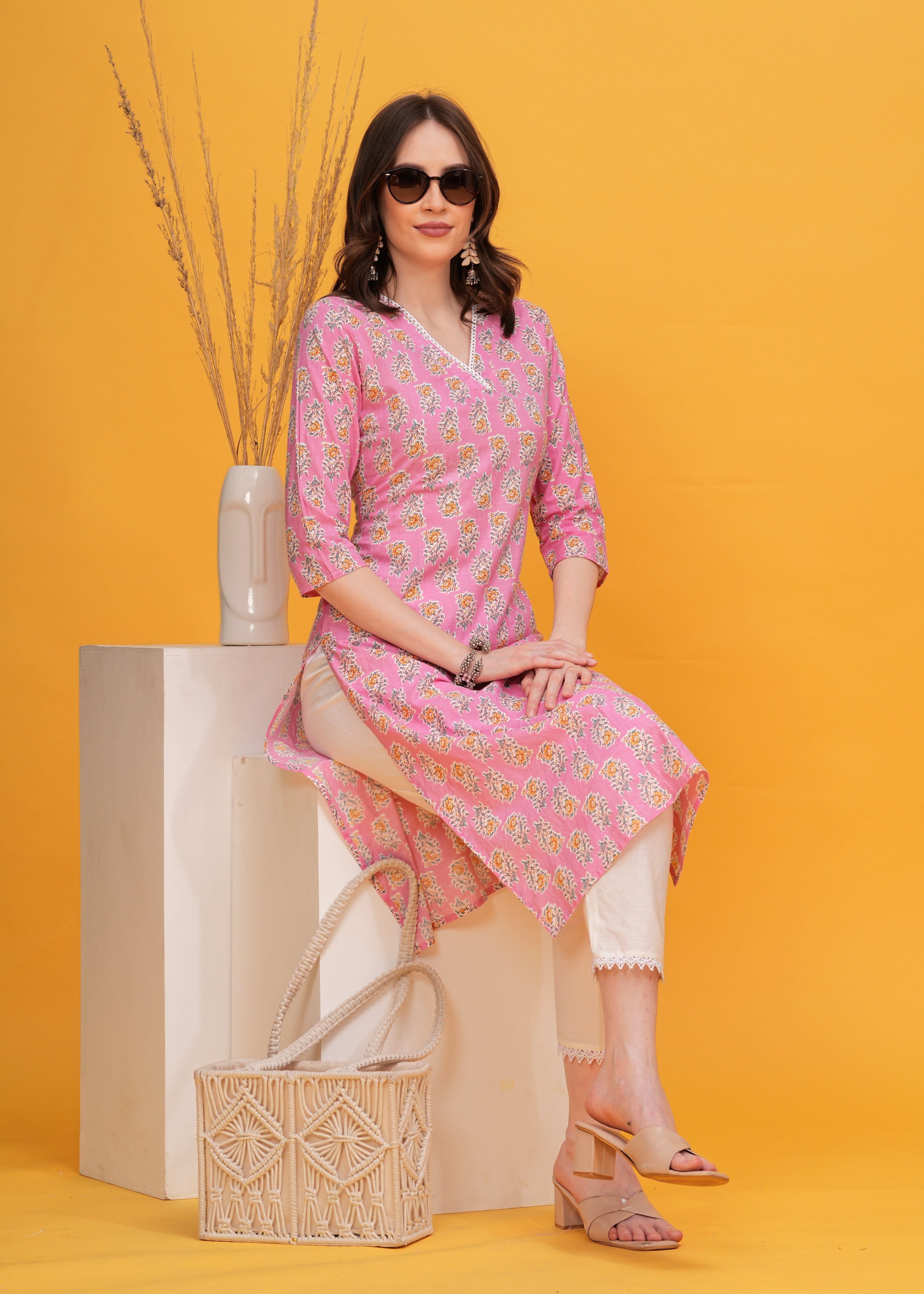 Charming Pink  Printed Cotton Long Kurti-Perfect Blend Of Style And Comfort