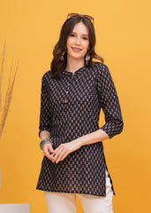 Classic Black Block Print Chinese Collar with Button Short Kurti-Timeless Elegance in Every Detail