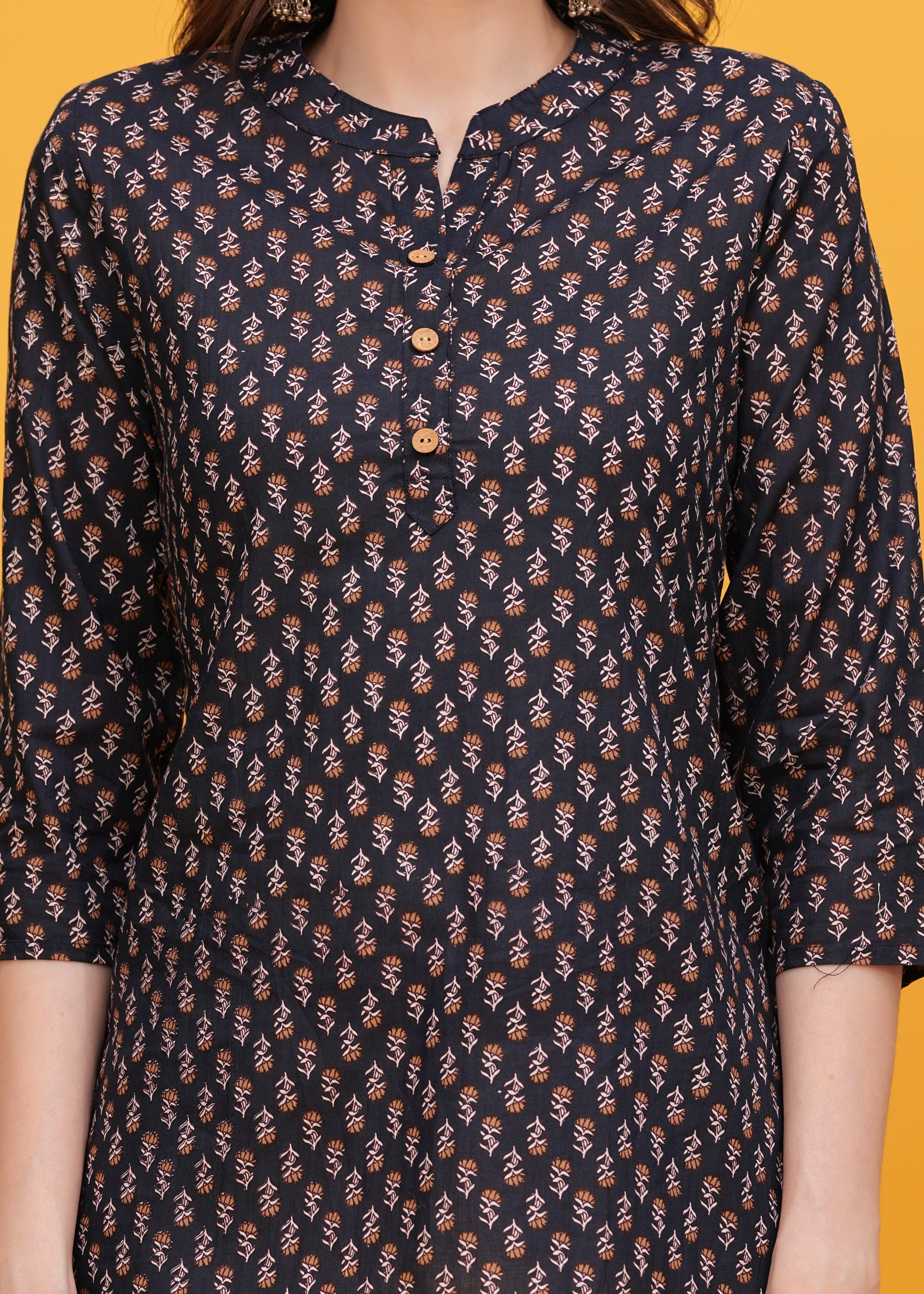 Classic Black Block Print Chinese Collar with Button Short Kurti-Timeless Elegance in Every Detail