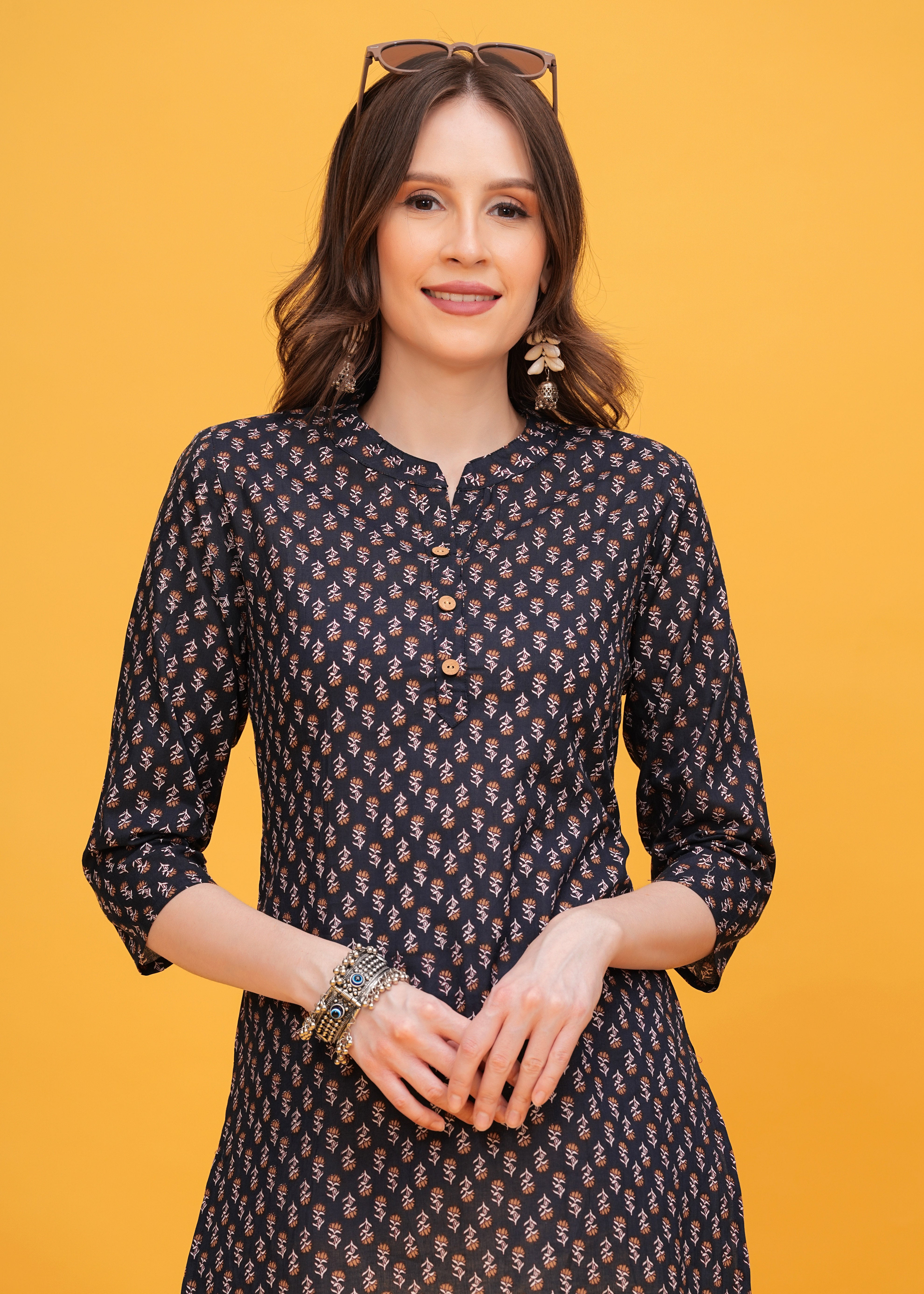 Classic Black Block Print Chinese Collar with Button Short Kurti-Timeless Elegance in Every Detail