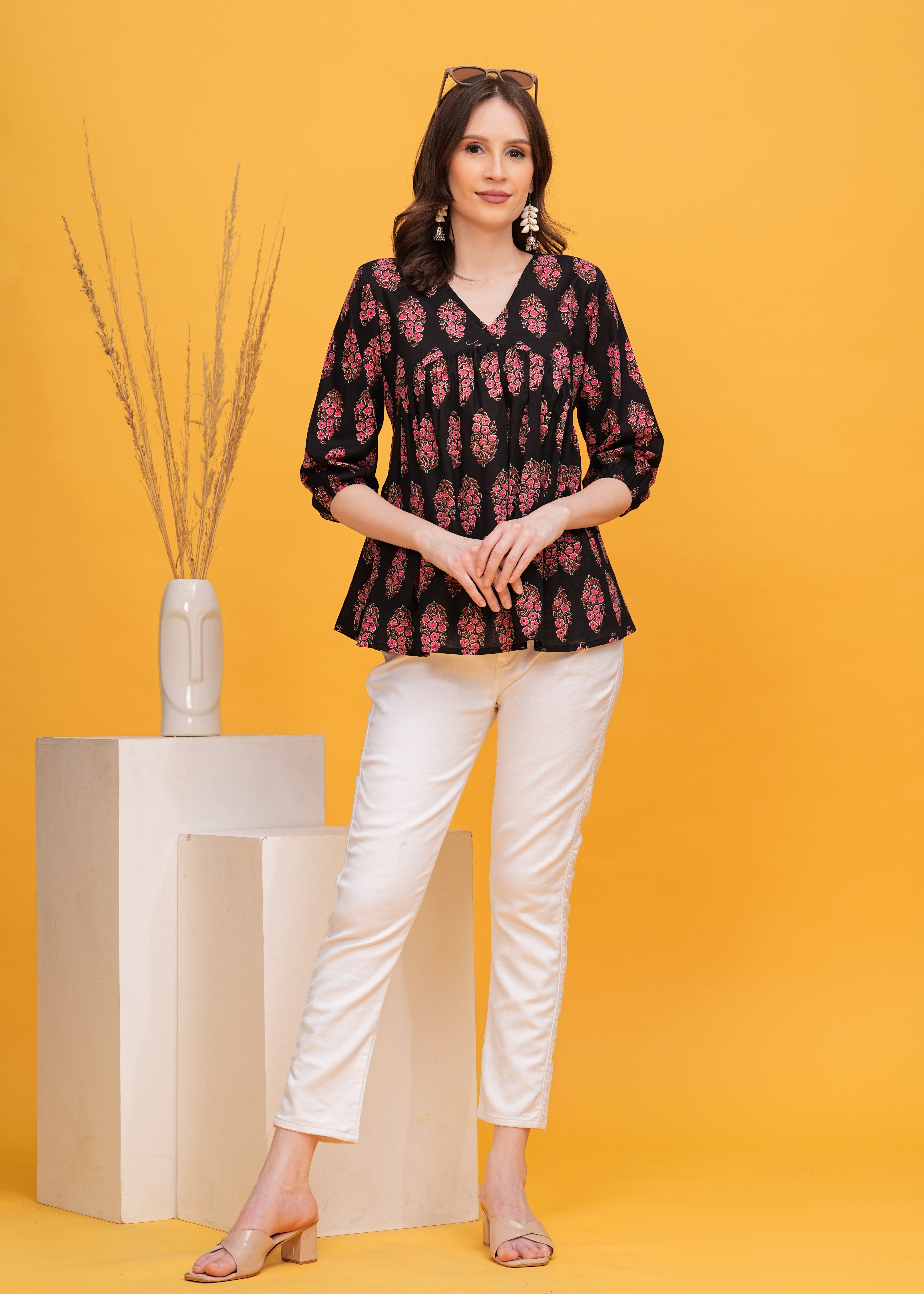 Striking Black Top With Pink and Maroon Print Pure Cotton Fabric-Bold Style For A Chic Look