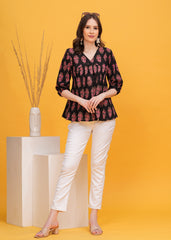 Striking Black Top With Pink and Maroon Print Pure Cotton Fabric-Bold Style For A Chic Look