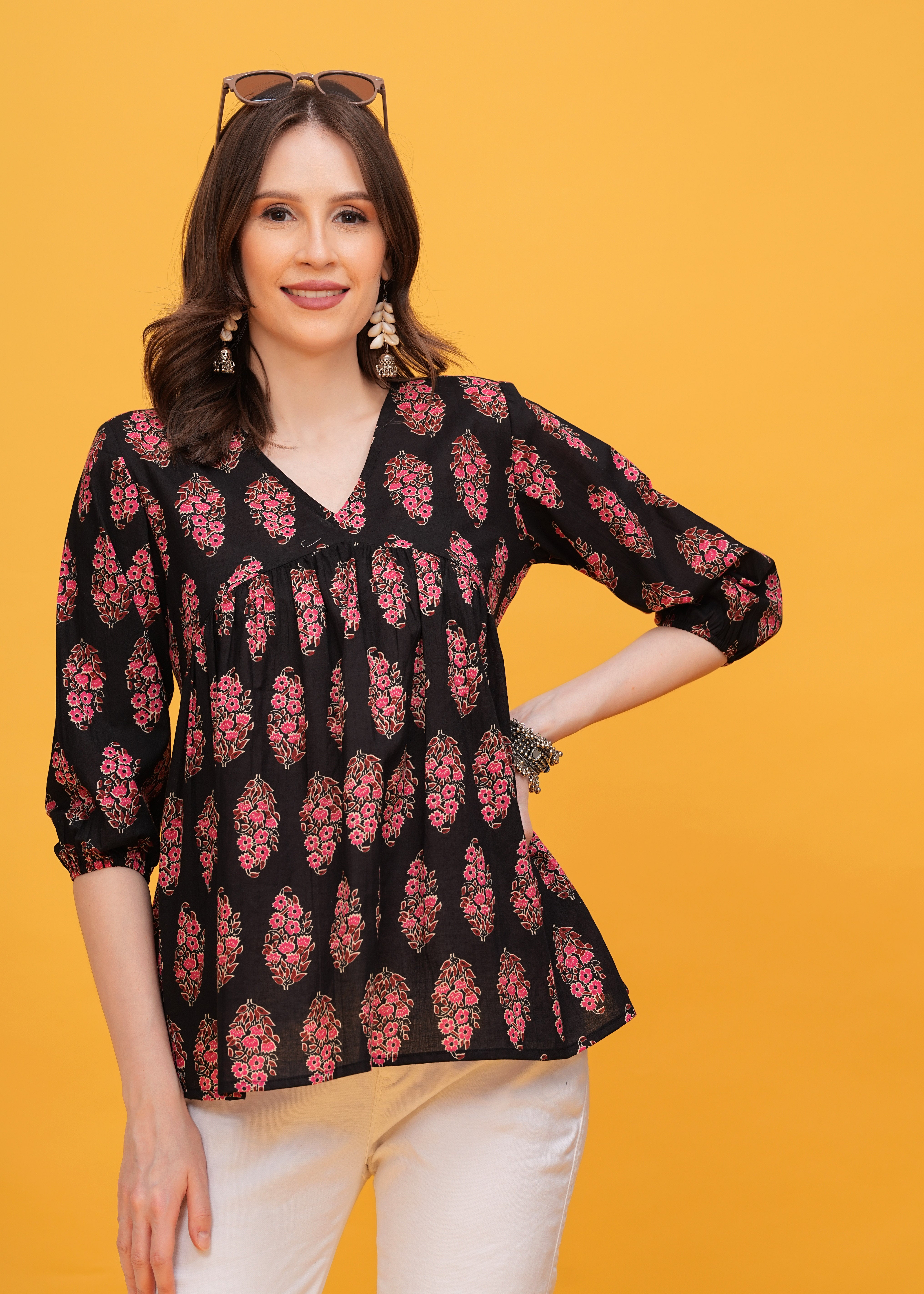 Striking Black Top With Pink and Maroon Print Pure Cotton Fabric-Bold Style For A Chic Look