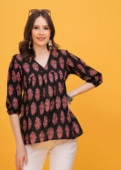 Striking Black Top With Pink and Maroon Print Pure Cotton Fabric-Bold Style For A Chic Look