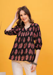 Striking Black Top With Pink and Maroon Print Pure Cotton Fabric-Bold Style For A Chic Look