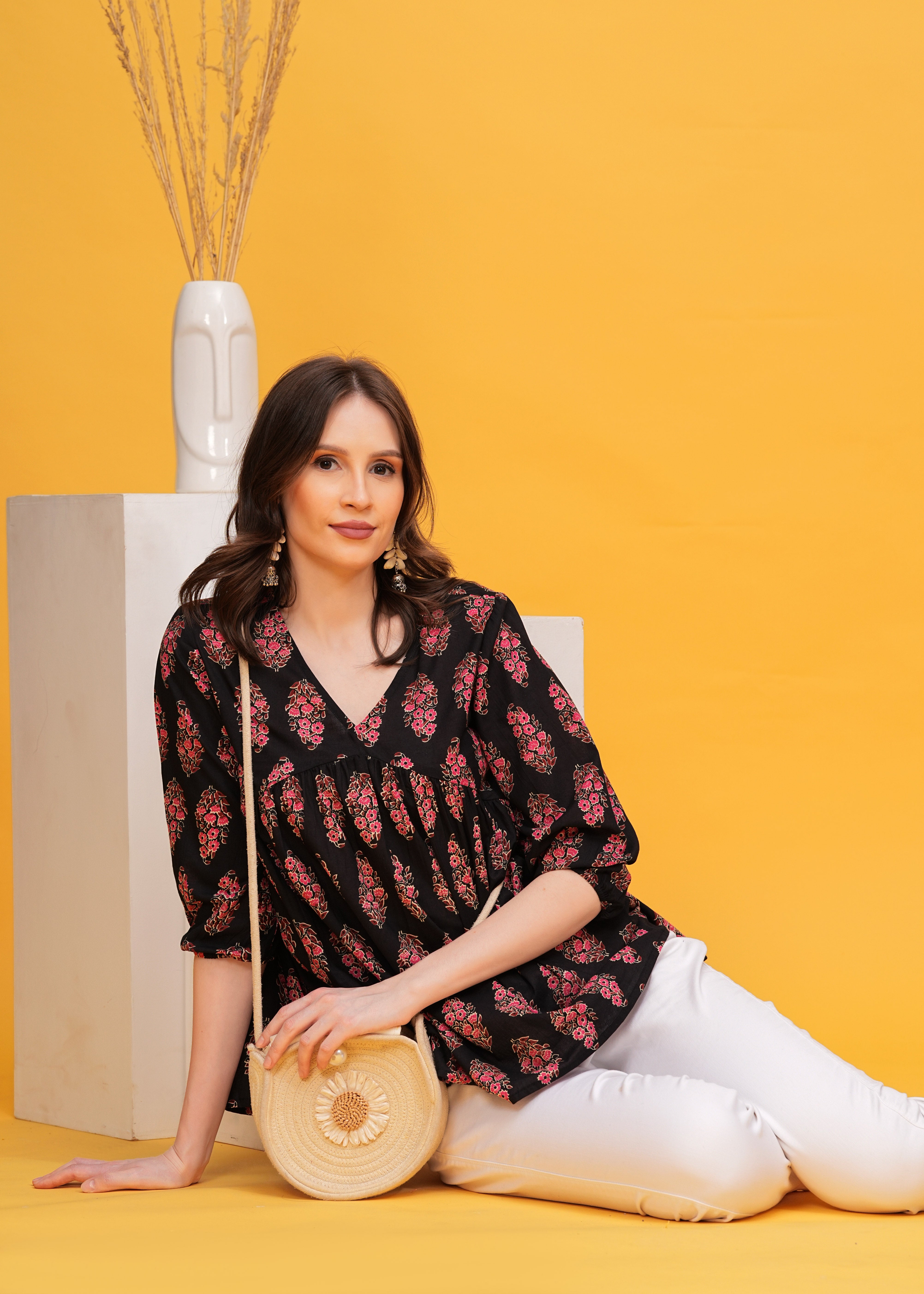 Striking Black Top With Pink and Maroon Print Pure Cotton Fabric-Bold Style For A Chic Look