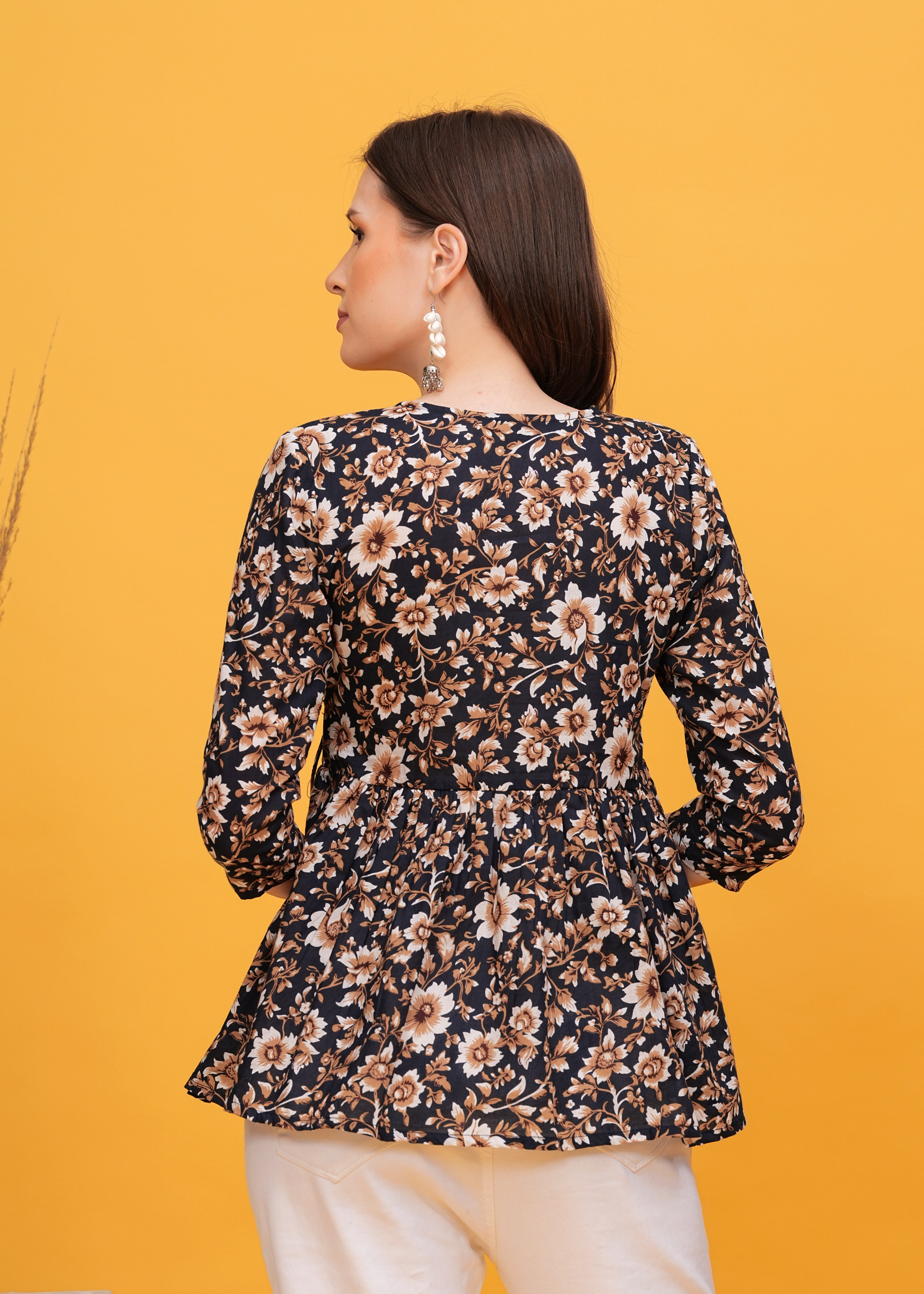 Elegant Black with White and Brown Flower Print Pure Cotton Top -A Sophisticated Floral Touch