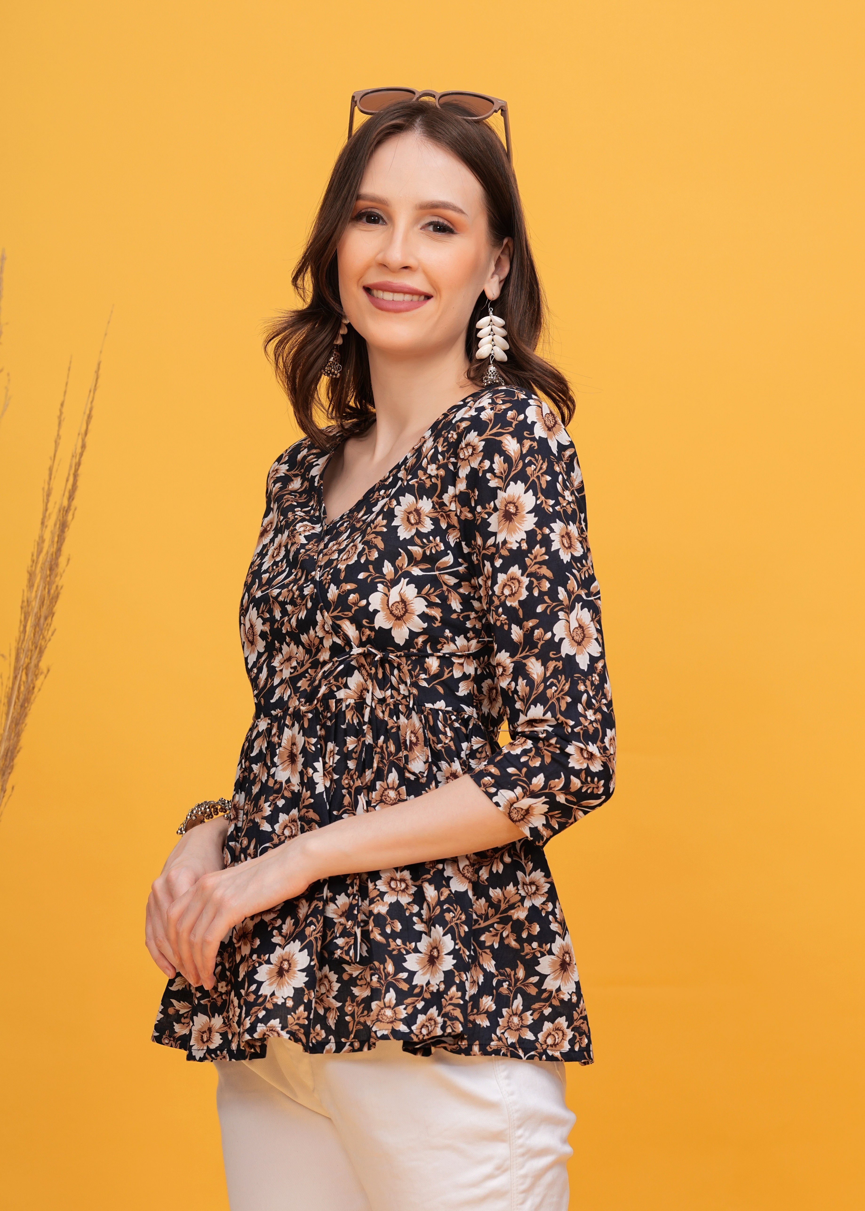 Elegant Black with White and Brown Flower Print Pure Cotton Top -A Sophisticated Floral Touch