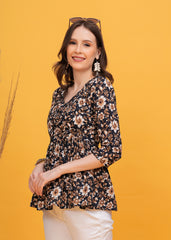Elegant Black with White and Brown Flower Print Pure Cotton Top -A Sophisticated Floral Touch