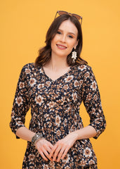 Elegant Black with White and Brown Flower Print Pure Cotton Top -A Sophisticated Floral Touch
