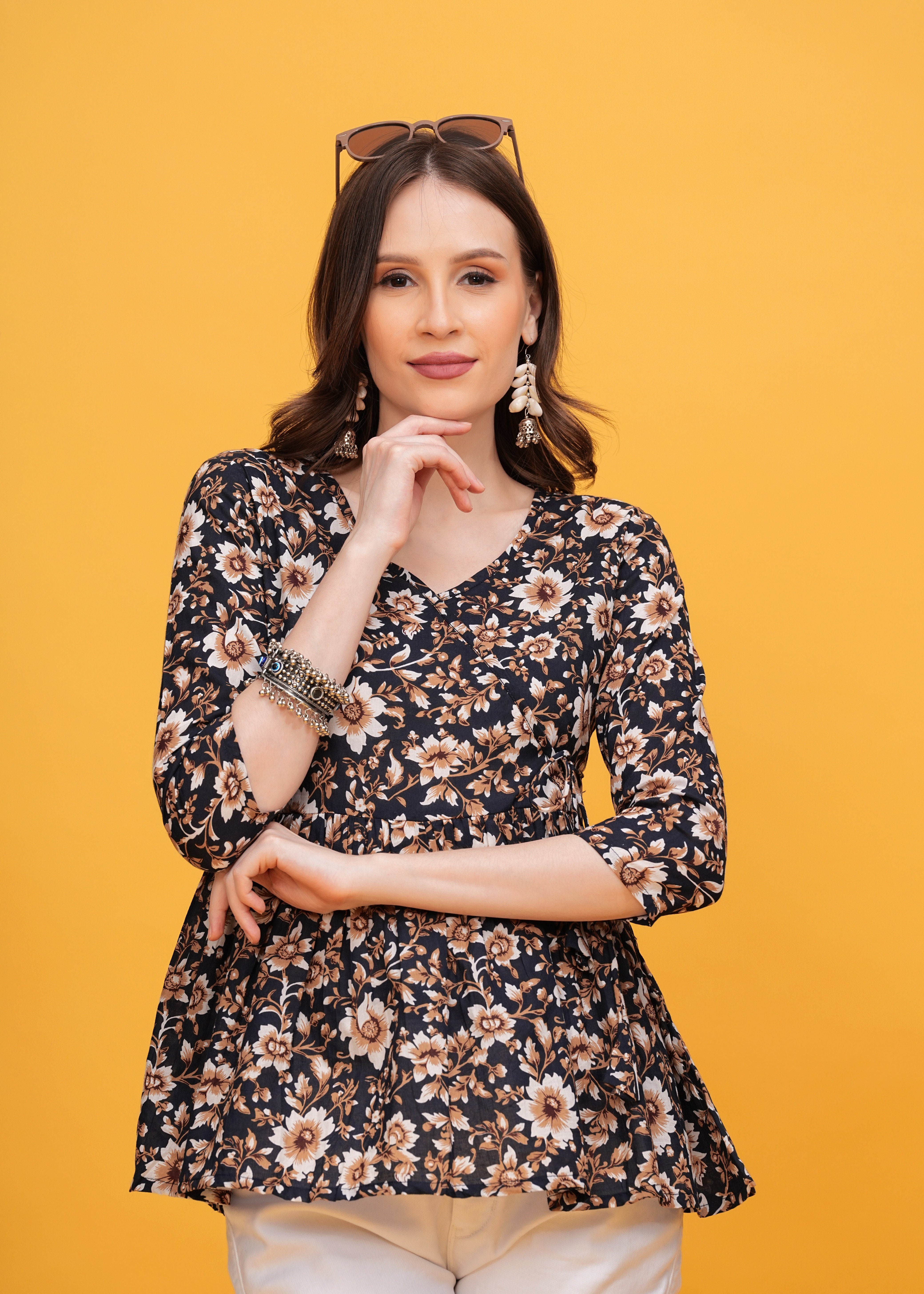Elegant Black with White and Brown Flower Print Pure Cotton Top -A Sophisticated Floral Touch