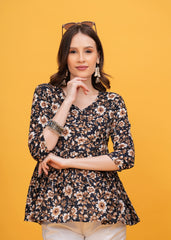 Elegant Black with White and Brown Flower Print Pure Cotton Top -A Sophisticated Floral Touch