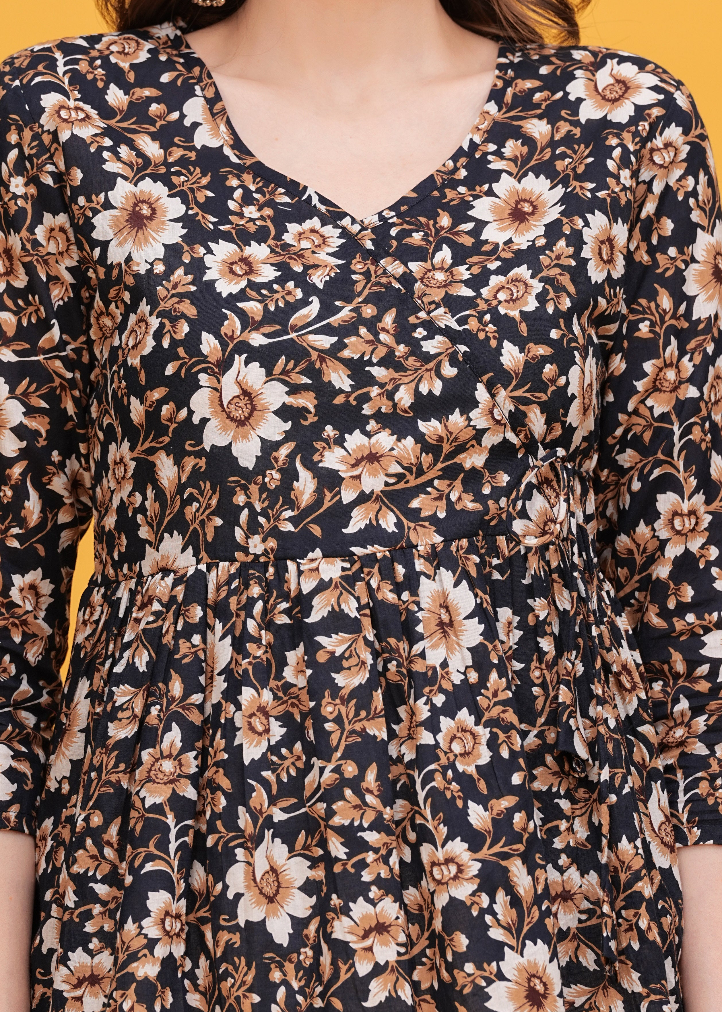 Elegant Black with White and Brown Flower Print Pure Cotton Top -A Sophisticated Floral Touch
