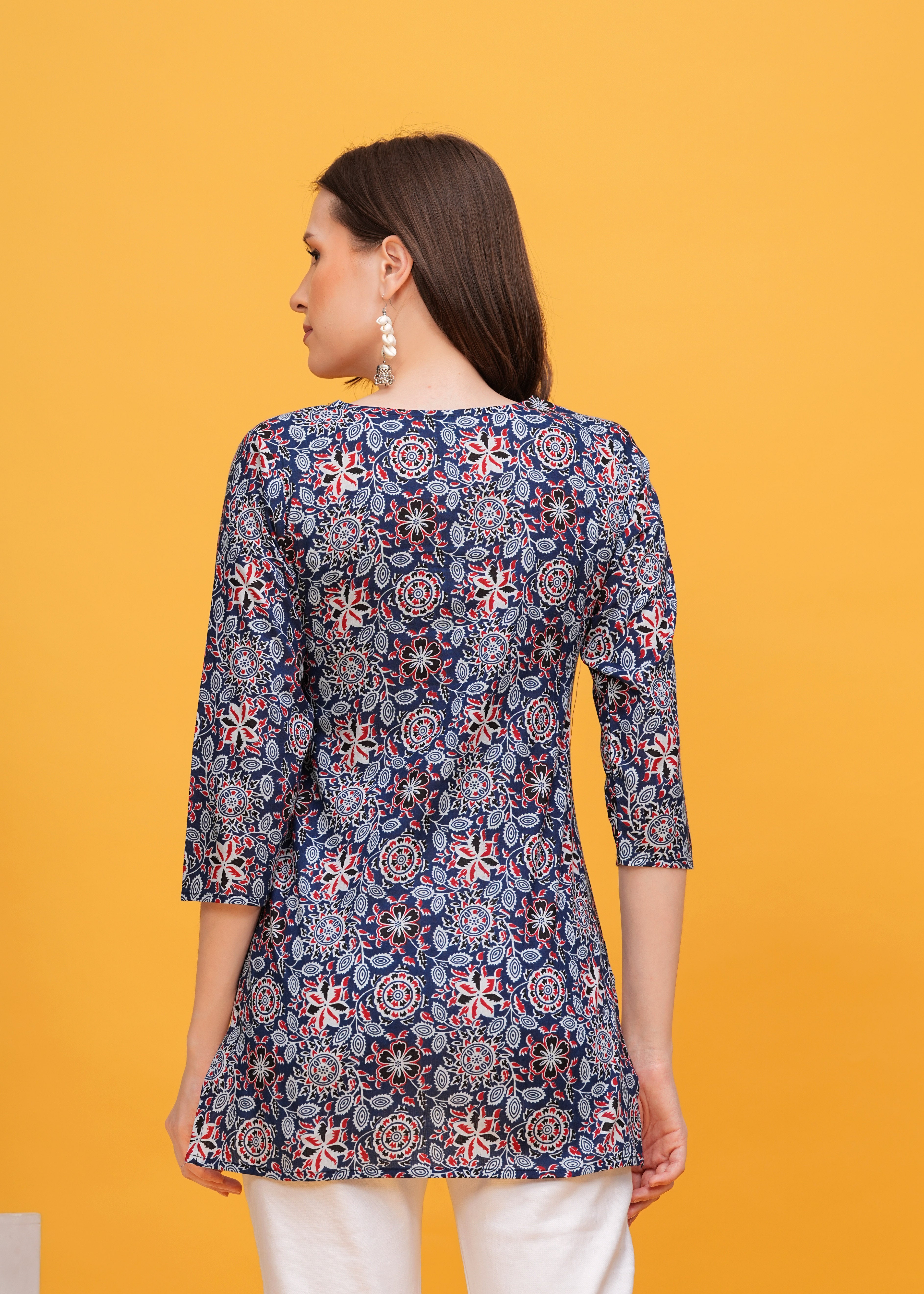 Vibrant Blue and Red Print with Stylish Yoke Short Kurti -A Bold Fusion Of Colors For Effortless Style