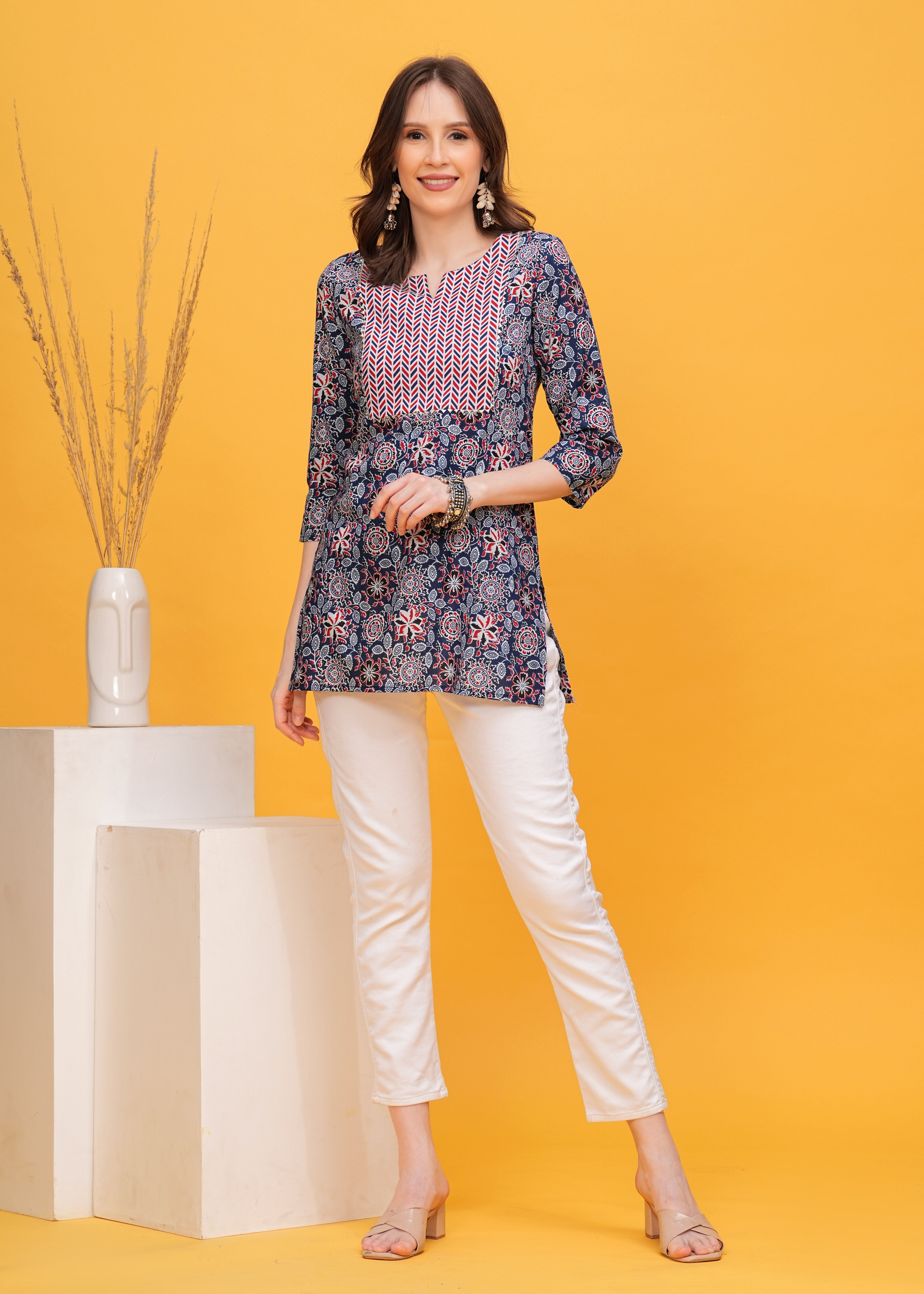Vibrant Blue and Red Print with Stylish Yoke Short Kurti -A Bold Fusion Of Colors For Effortless Style