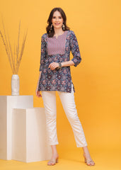 Vibrant Blue and Red Print with Stylish Yoke Short Kurti -A Bold Fusion Of Colors For Effortless Style