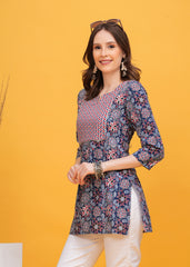 Vibrant Blue and Red Print with Stylish Yoke Short Kurti -A Bold Fusion Of Colors For Effortless Style