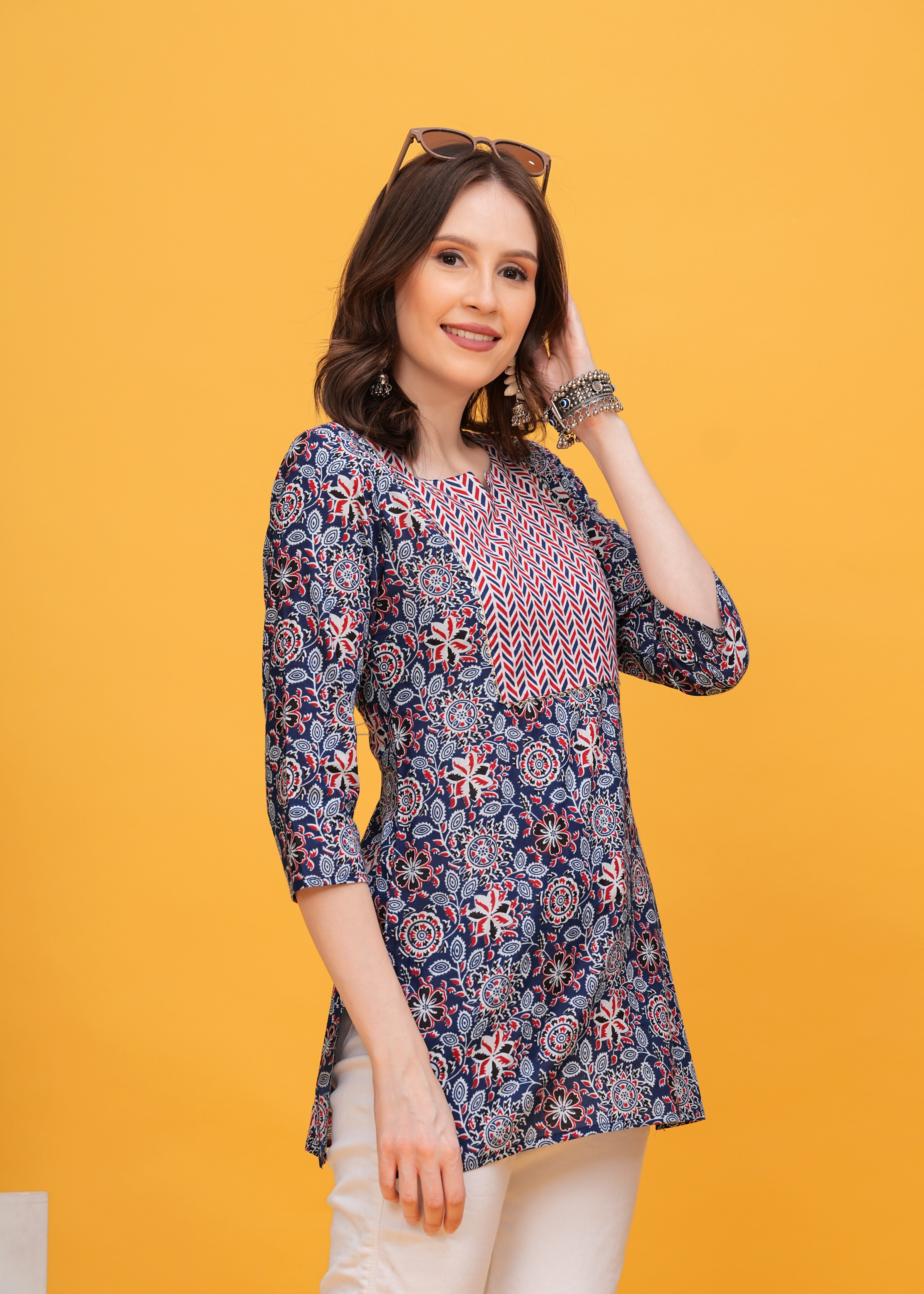 Vibrant Blue and Red Print with Stylish Yoke Short Kurti -A Bold Fusion Of Colors For Effortless Style