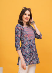 Vibrant Blue and Red Print with Stylish Yoke Short Kurti -A Bold Fusion Of Colors For Effortless Style