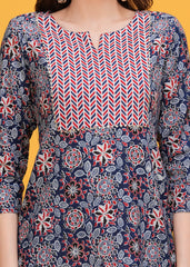 Vibrant Blue and Red Print with Stylish Yoke Short Kurti -A Bold Fusion Of Colors For Effortless Style