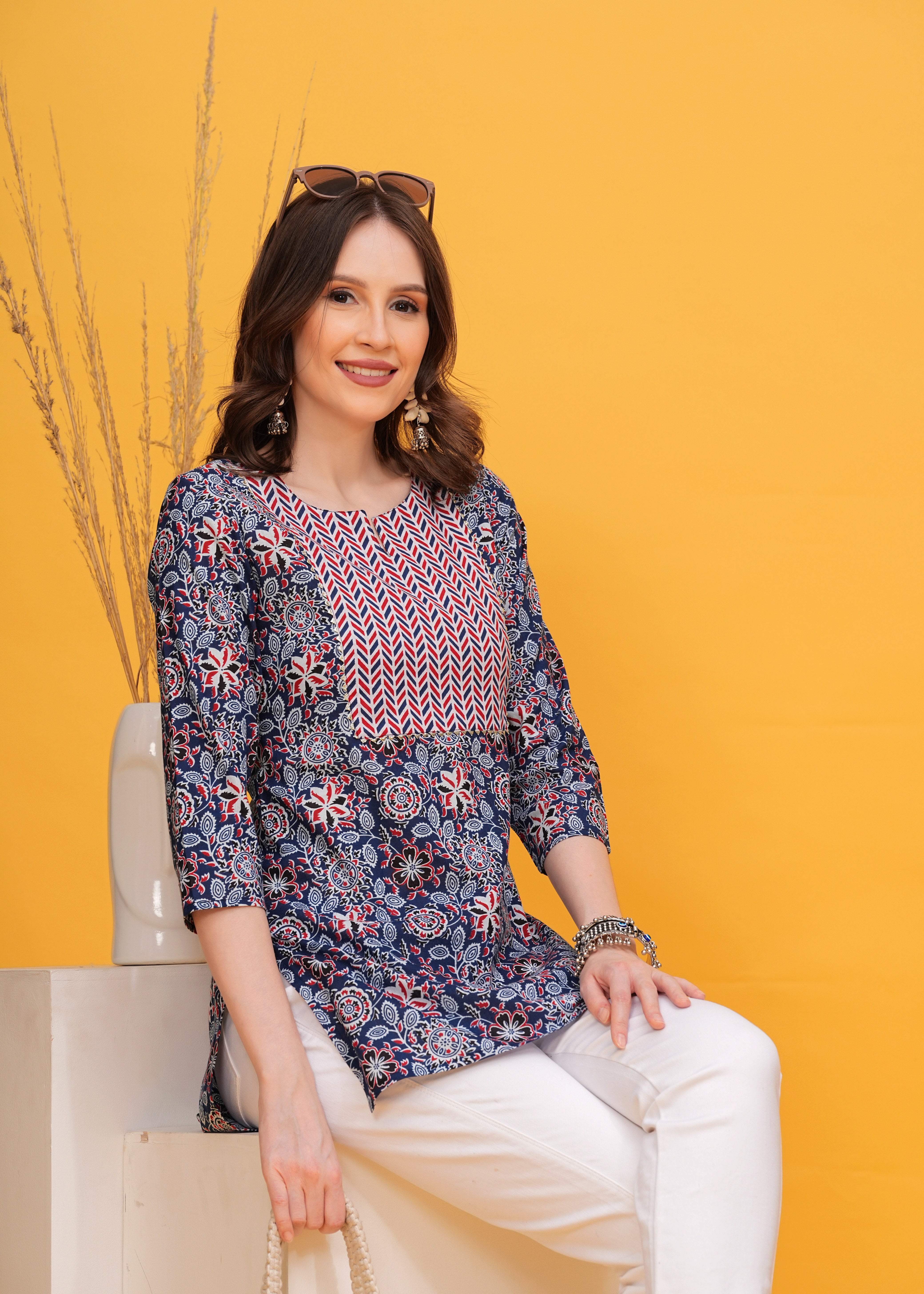 Vibrant Blue and Red Print with Stylish Yoke Short Kurti -A Bold Fusion Of Colors For Effortless Style