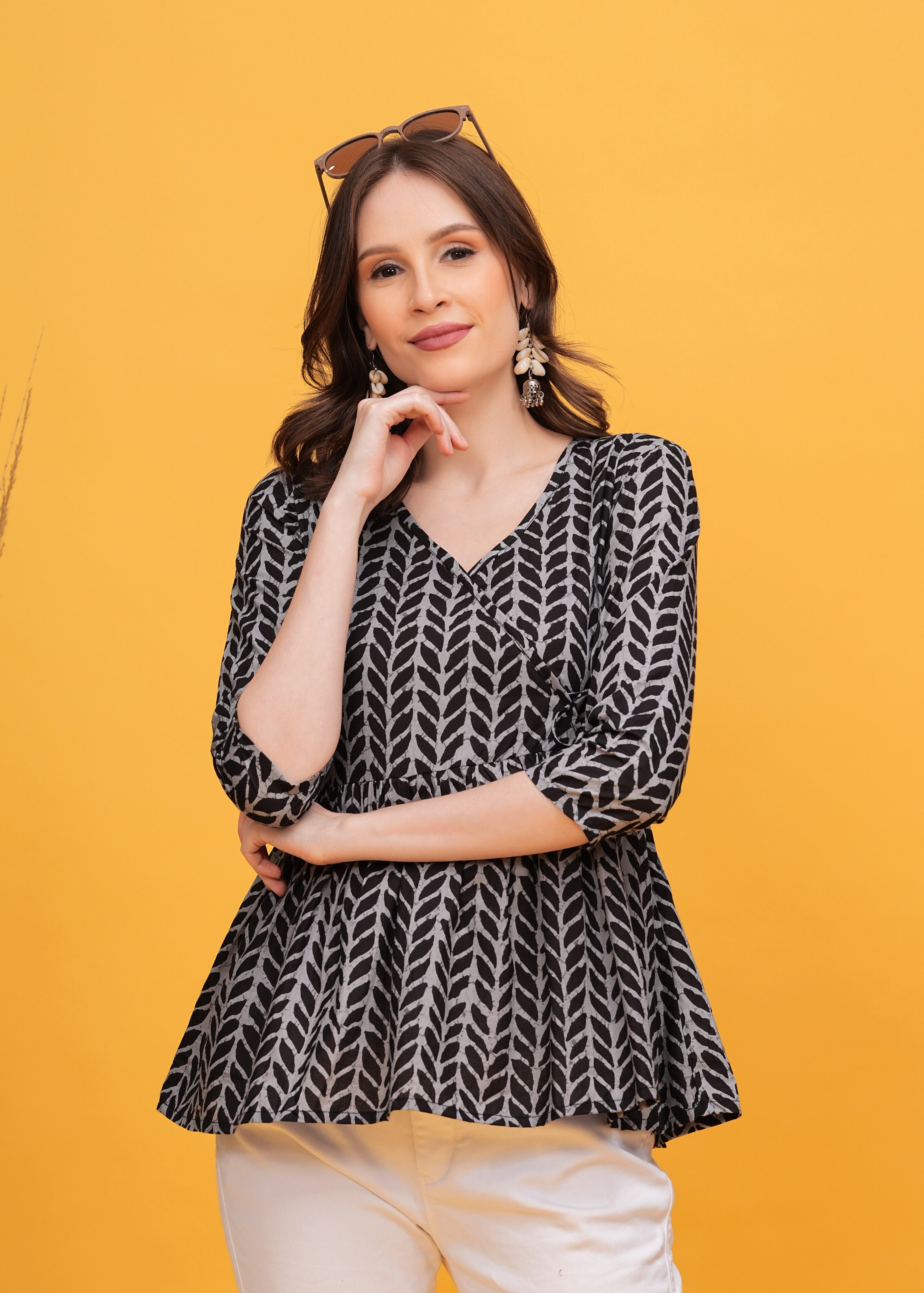 Versatile Grey Block Print Cotton  Angrakha Top - Effortless Style With A contemporary Edge