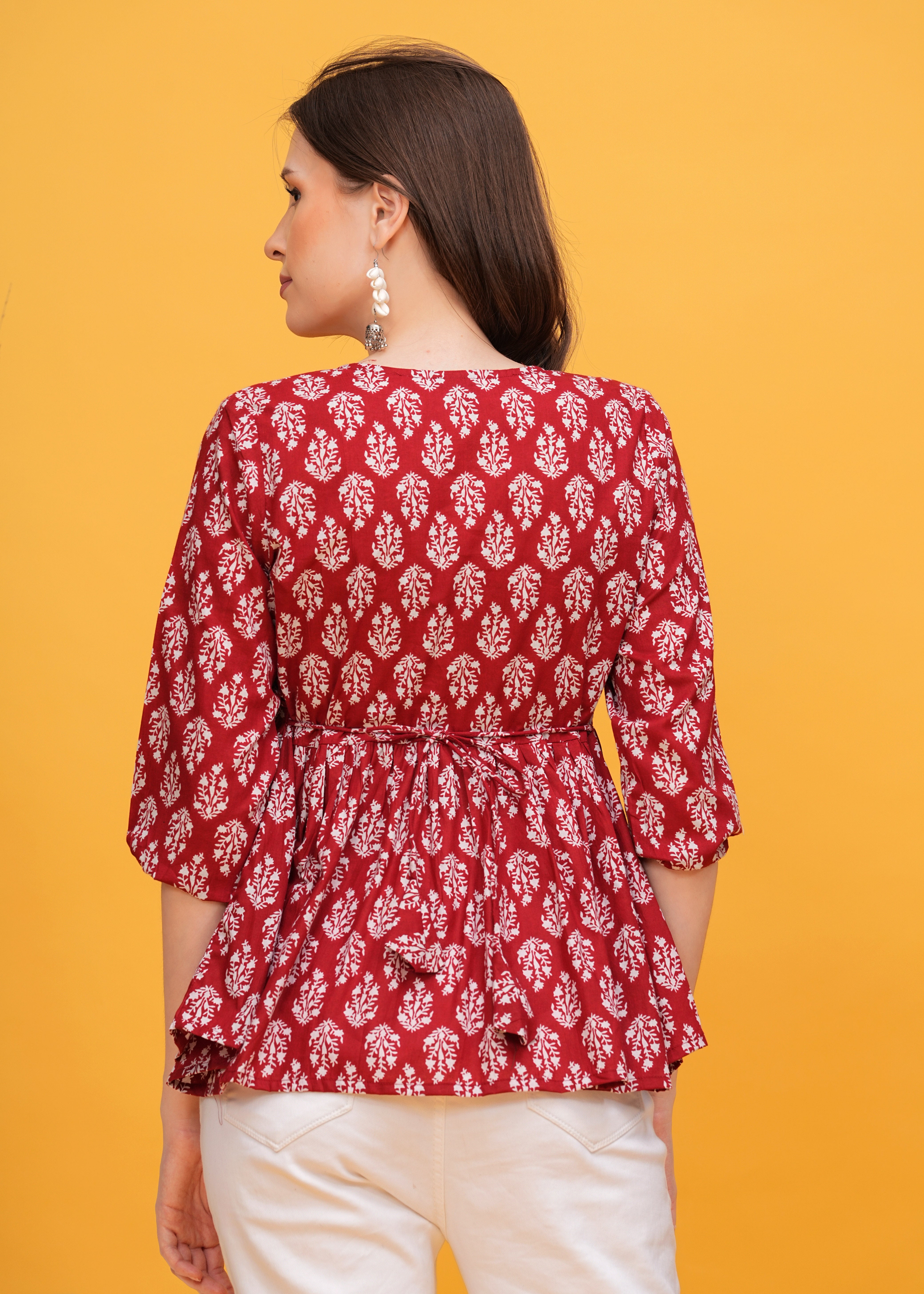 Vibrant Red Block Print Pure Cotton Top - A Bold Statement in Chic Design