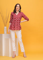 Vibrant Red Block Print Pure Cotton Top - A Bold Statement in Chic Design