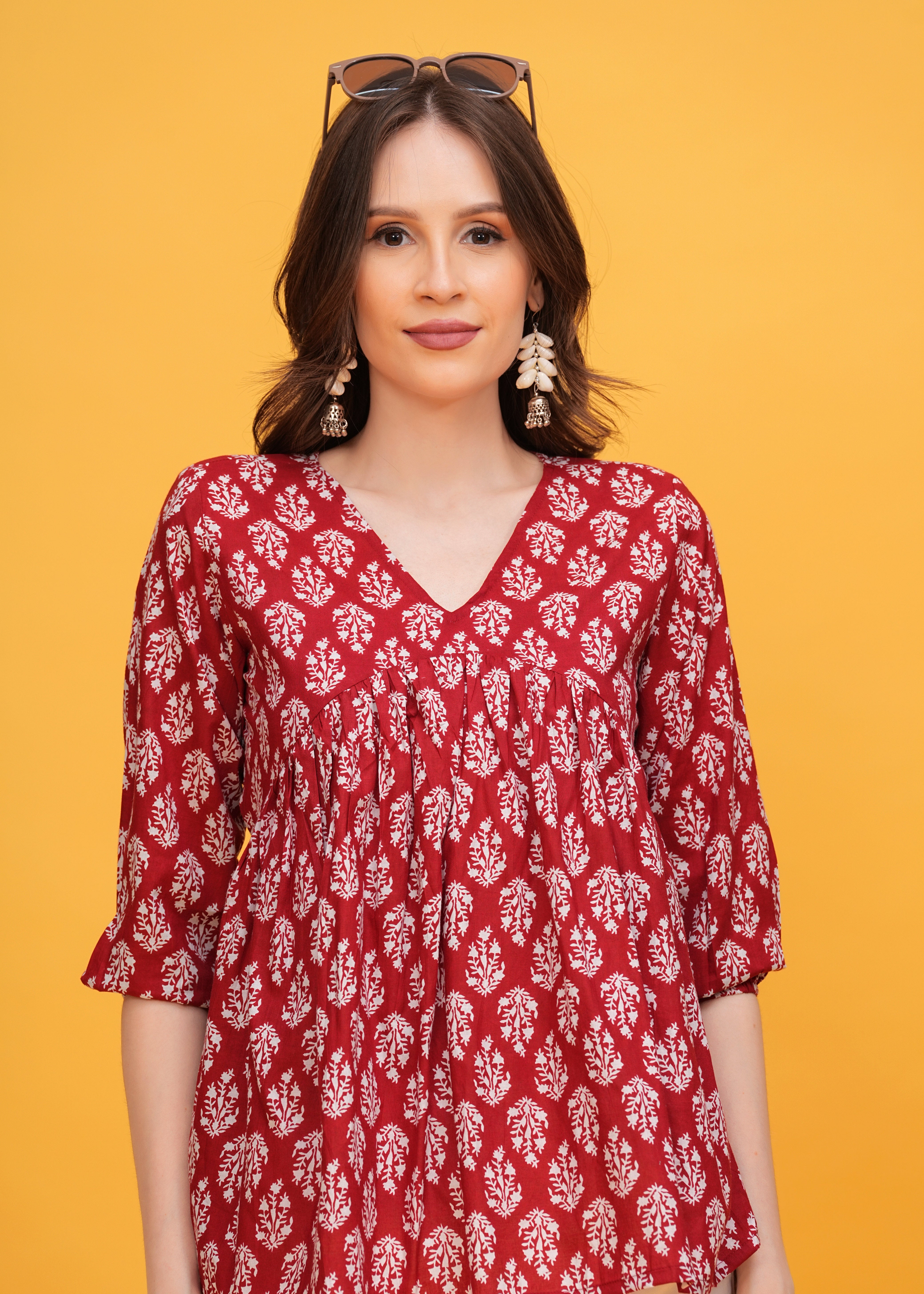 Vibrant Red Block Print Pure Cotton Top - A Bold Statement in Chic Design