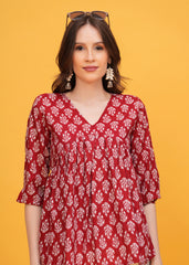 Vibrant Red Block Print Pure Cotton Top - A Bold Statement in Chic Design