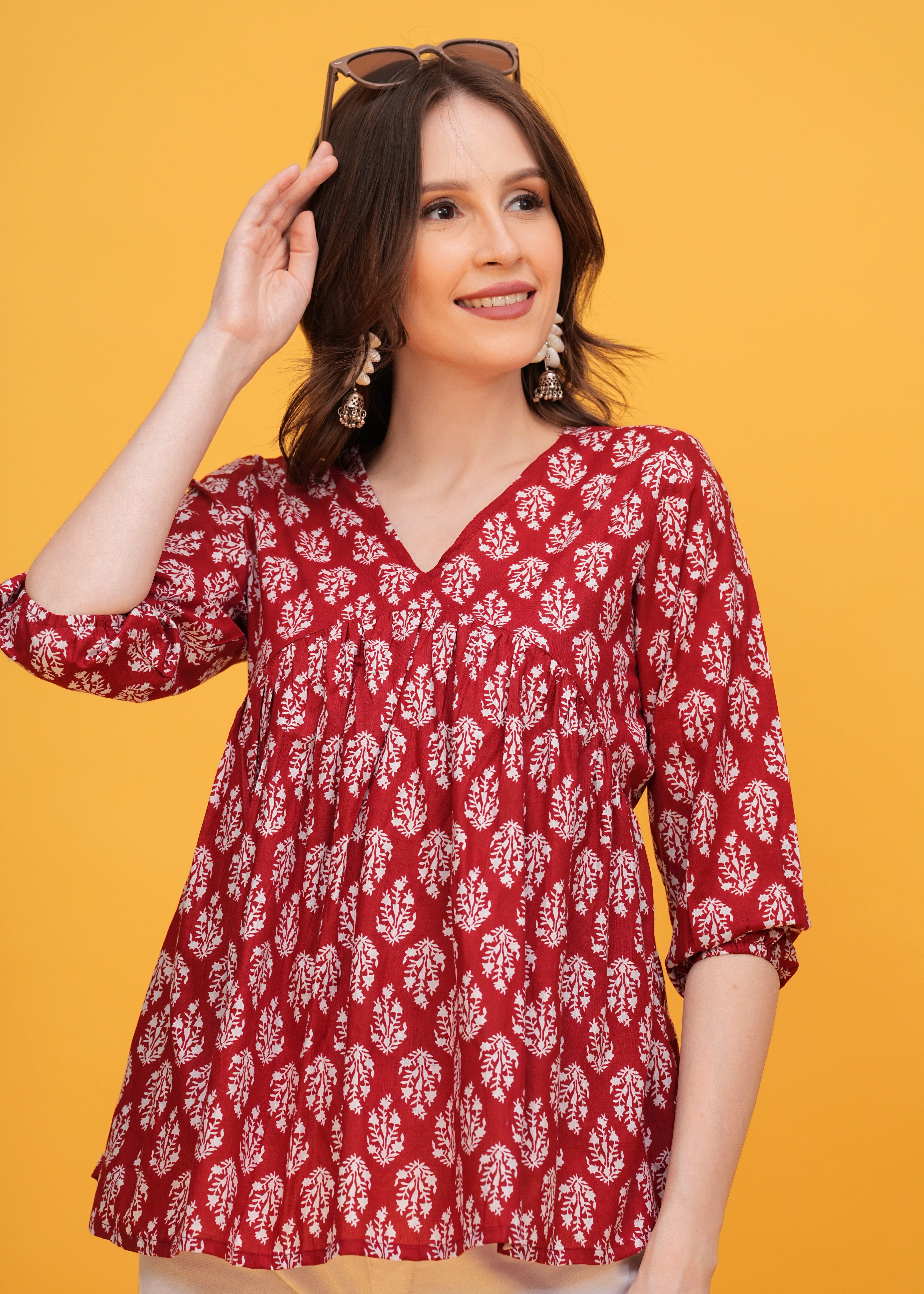 Vibrant Red Block Print Pure Cotton Top - A Bold Statement in Chic Design
