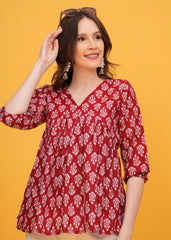 Vibrant Red Block Print Pure Cotton Top - A Bold Statement in Chic Design