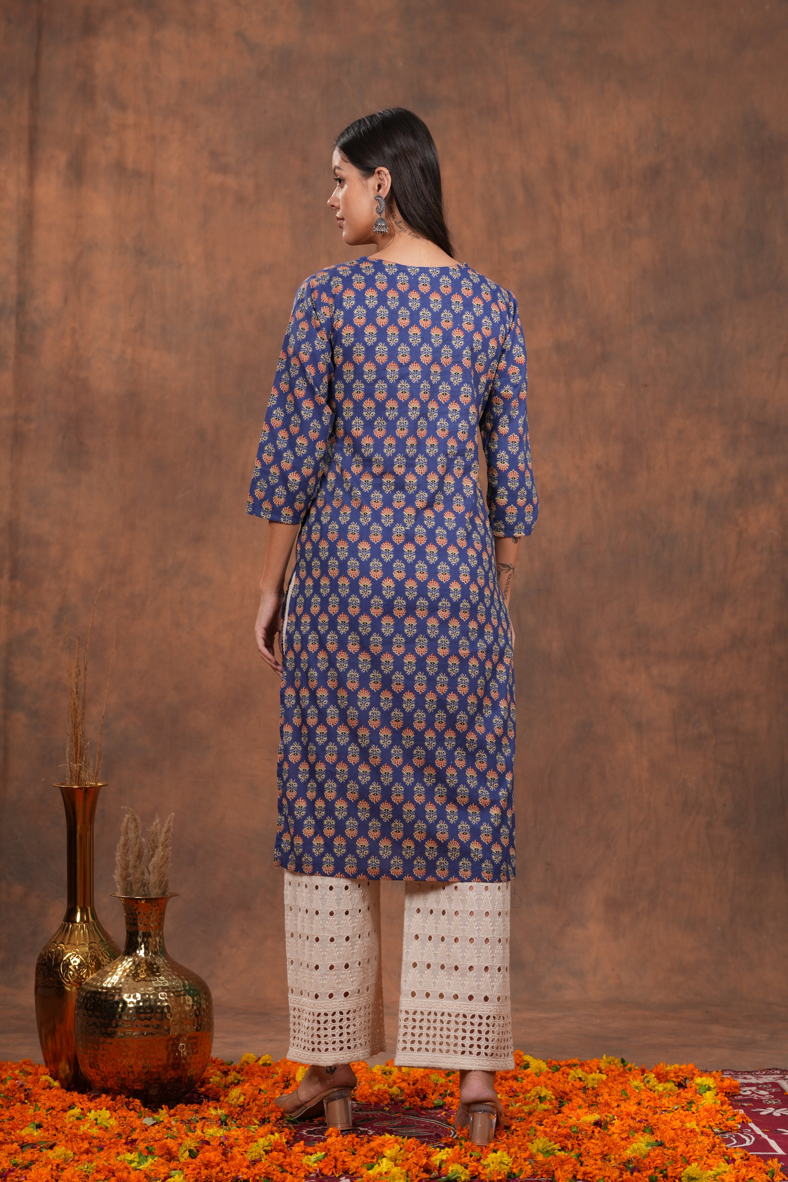 Blue Block Print  With Unique Neck Line Cotton Long Kurti - A Stylish Statement With Blue Line