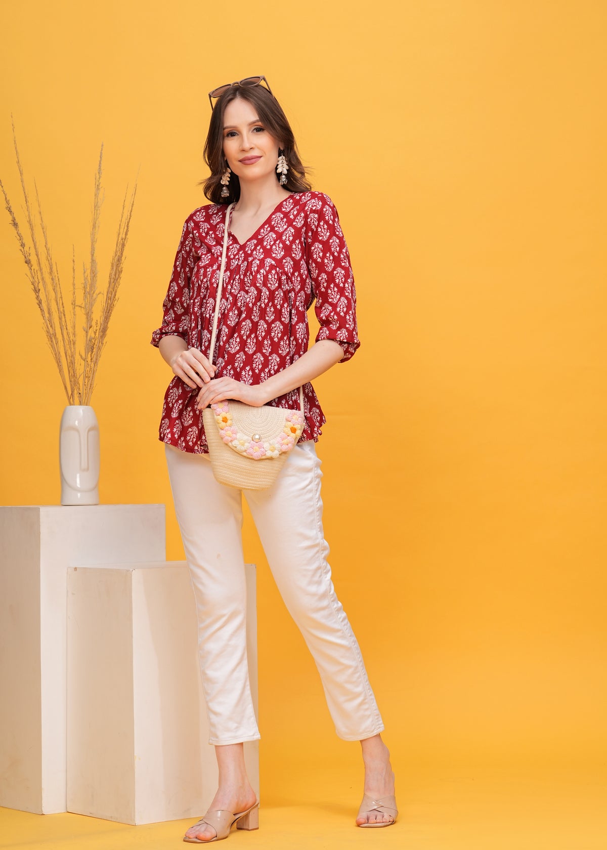 Vibrant Red Block Print Pure Cotton Top - A Bold Statement in Chic Design