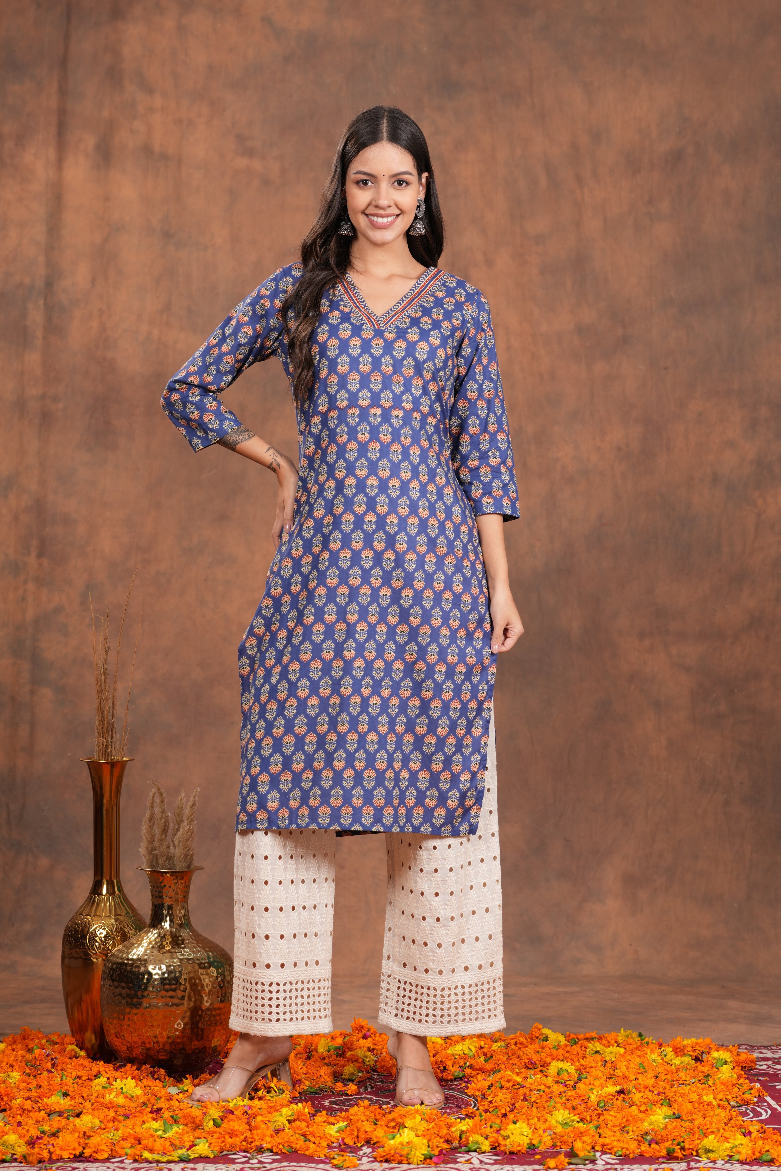 Blue Block Print  With Unique Neck Line Cotton Long Kurti - A Stylish Statement With Blue Line