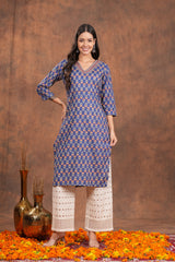 Blue Block Print  With Unique Neck Line Cotton Long Kurti - A Stylish Statement With Blue Line