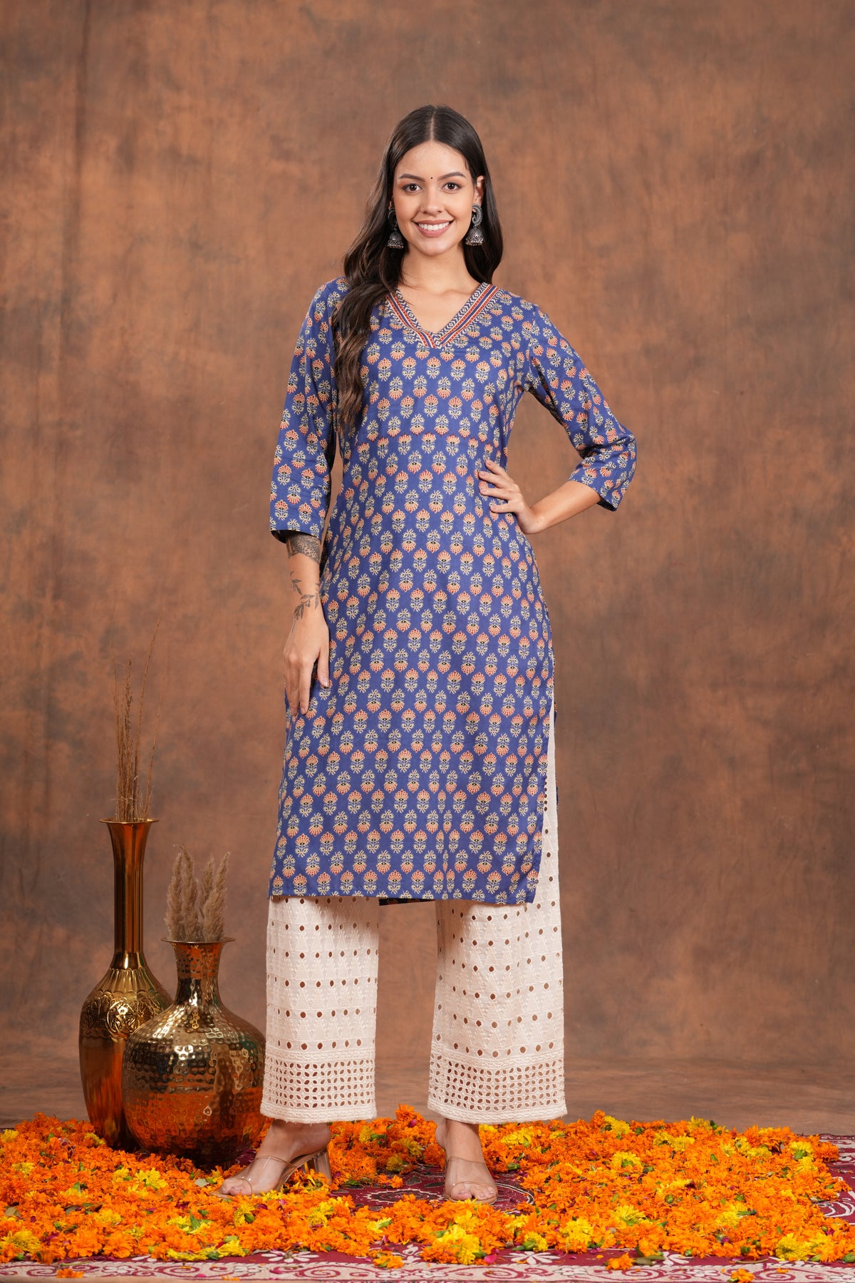 Blue Block Print  With Unique Neck Line Cotton Long Kurti - A Stylish Statement With Blue Line