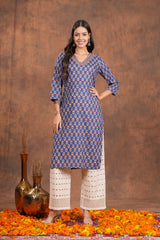 Blue Block Print  With Unique Neck Line Cotton Long Kurti - A Stylish Statement With Blue Line