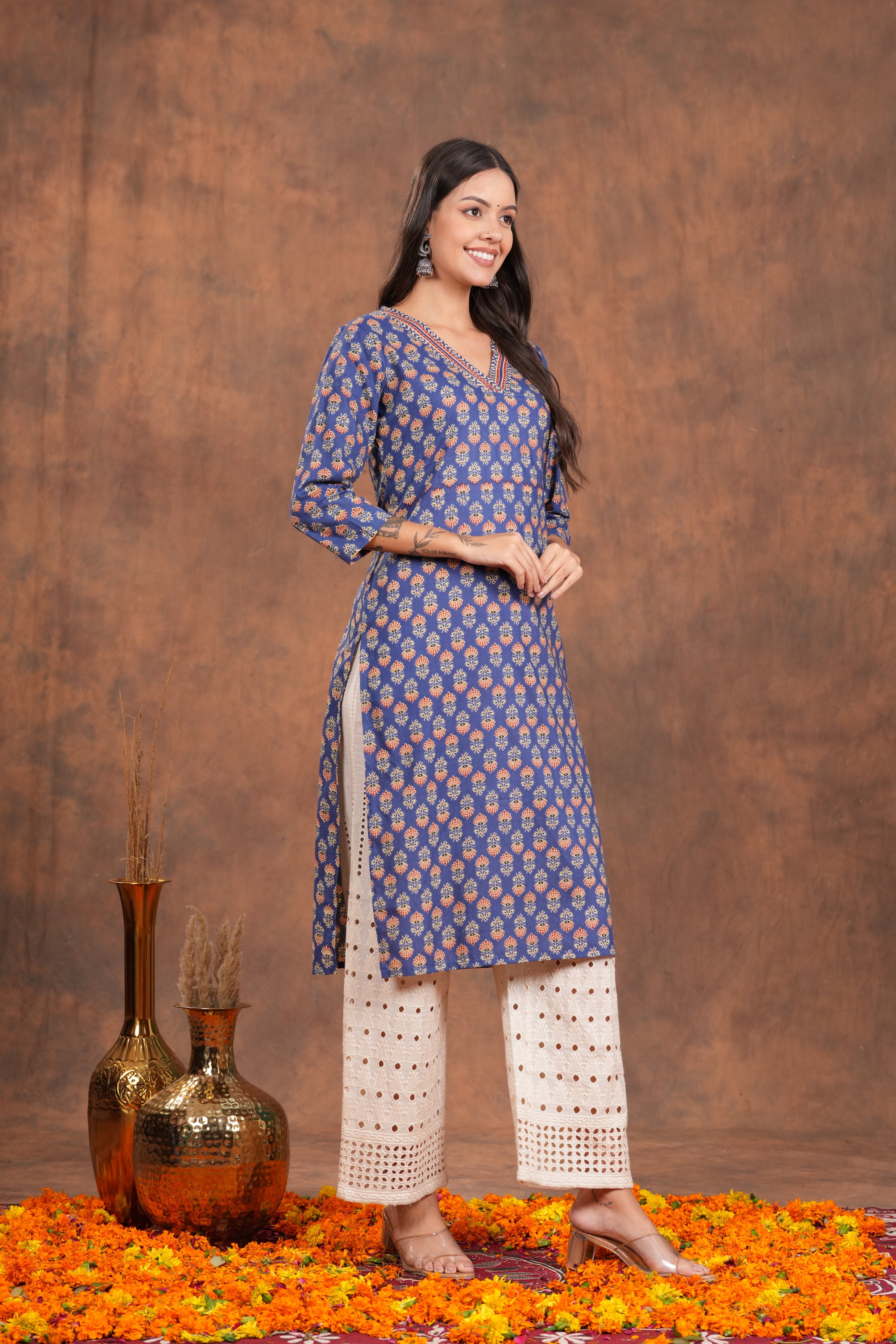 Blue Block Print  With Unique Neck Line Cotton Long Kurti - A Stylish Statement With Blue Line