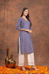 Blue Block Print  With Unique Neck Line Cotton Long Kurti - A Stylish Statement With Blue Line