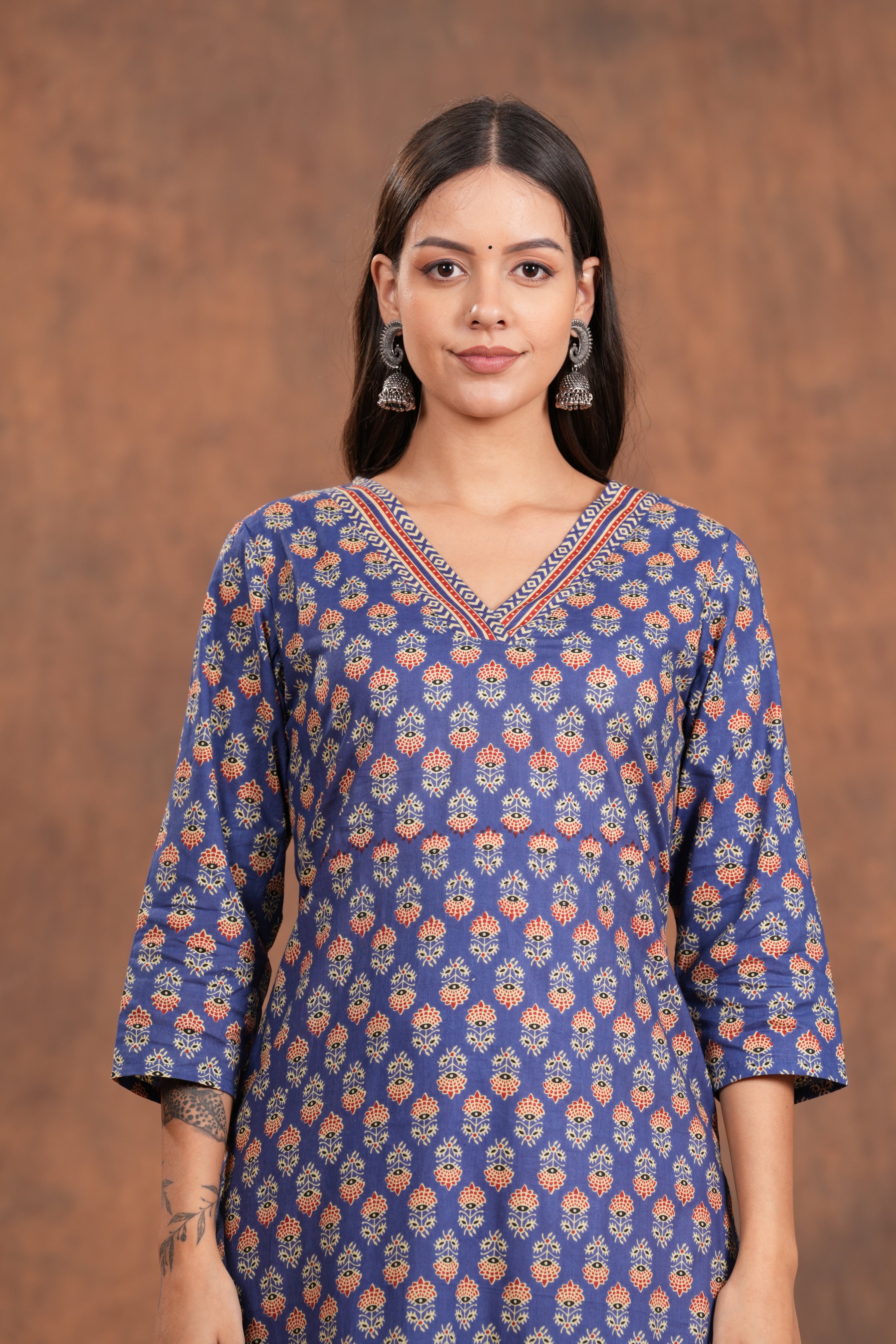 Blue Block Print  With Unique Neck Line Cotton Long Kurti - A Stylish Statement With Blue Line
