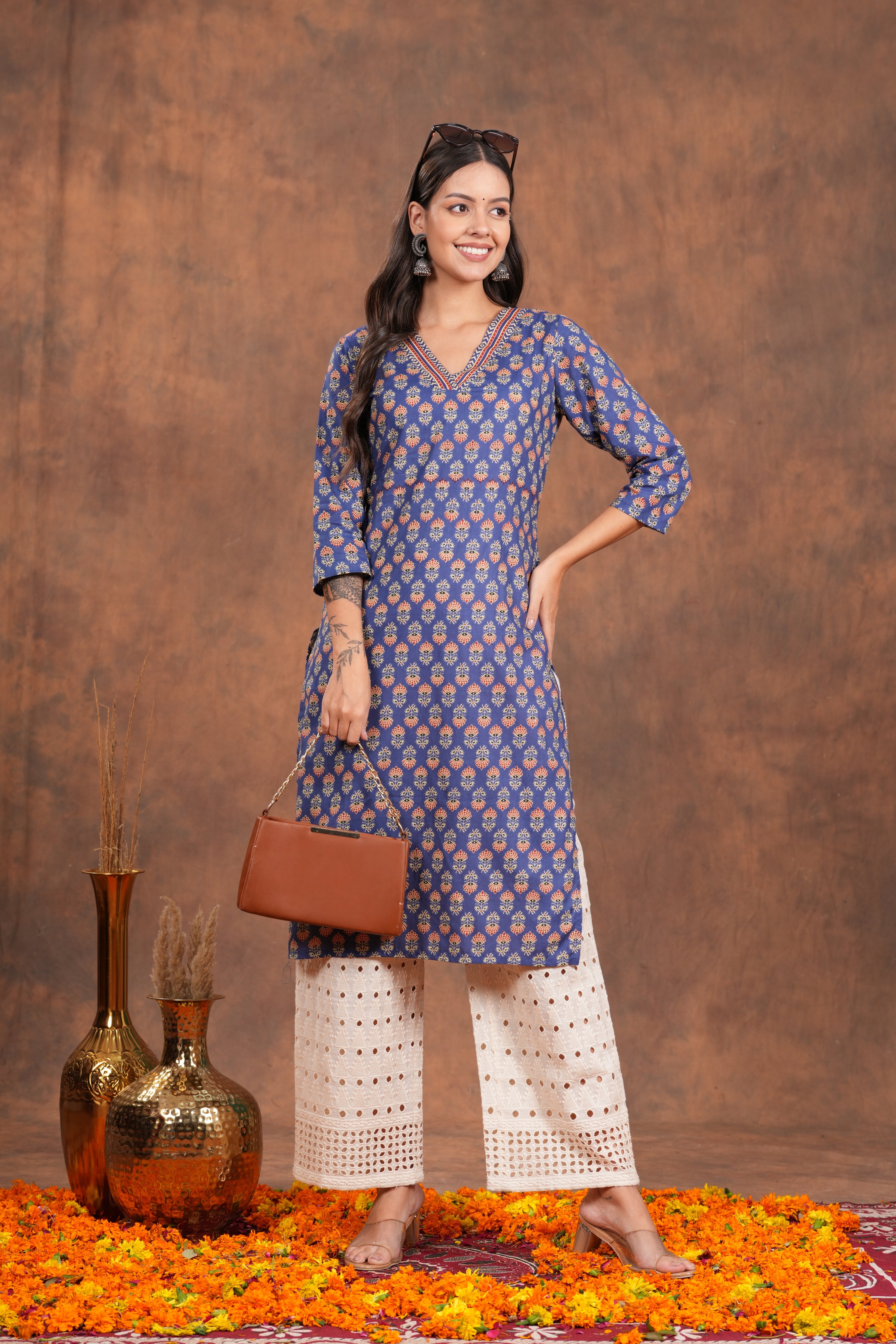 Blue Block Print  With Unique Neck Line Cotton Long Kurti - A Stylish Statement With Blue Line