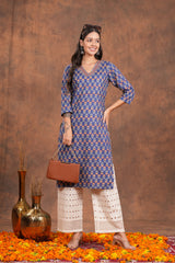Blue Block Print  With Unique Neck Line Cotton Long Kurti - A Stylish Statement With Blue Line