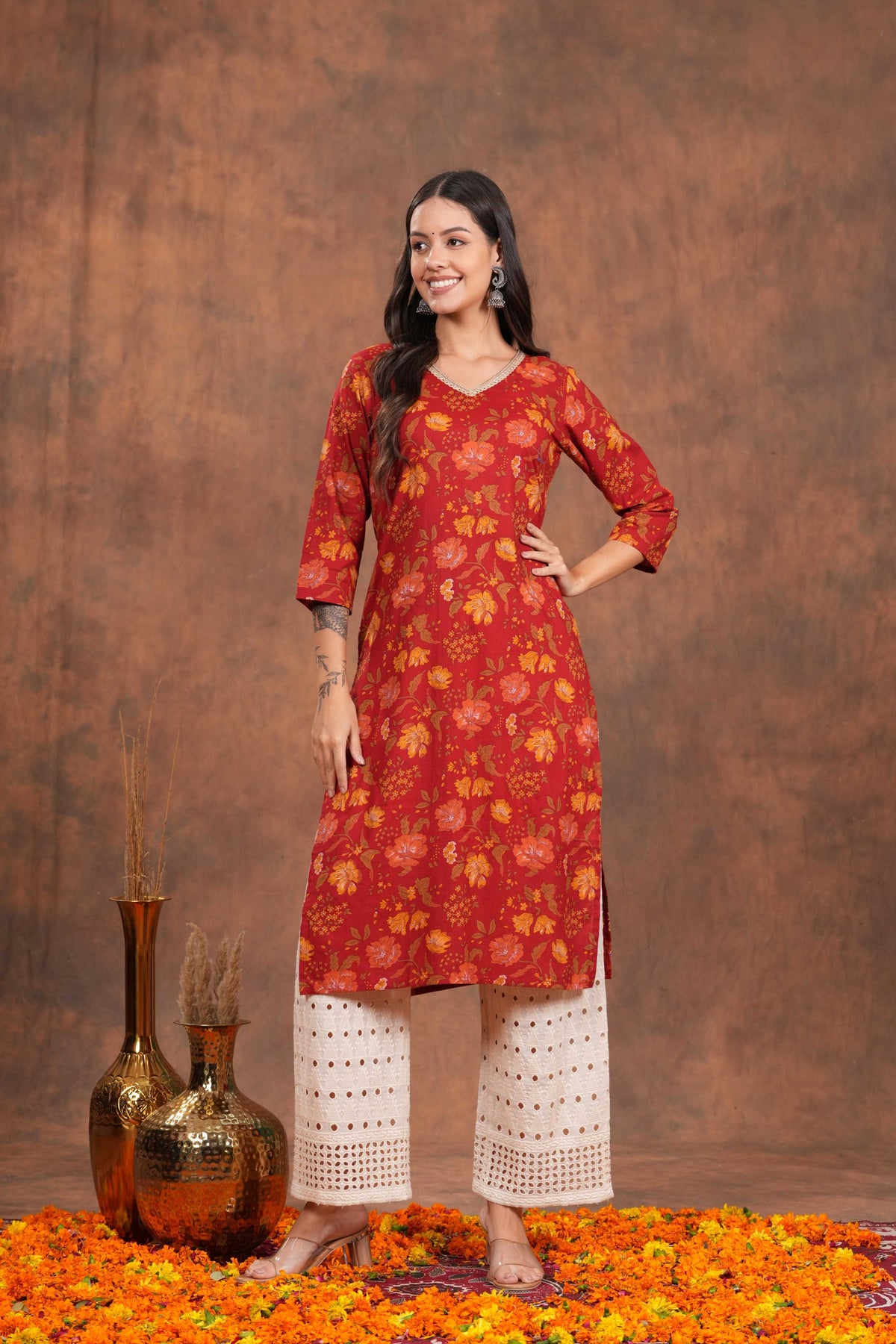 Red Blossom Printed Cotton Long Kurti -Stunning Hot Red For Every Occasion