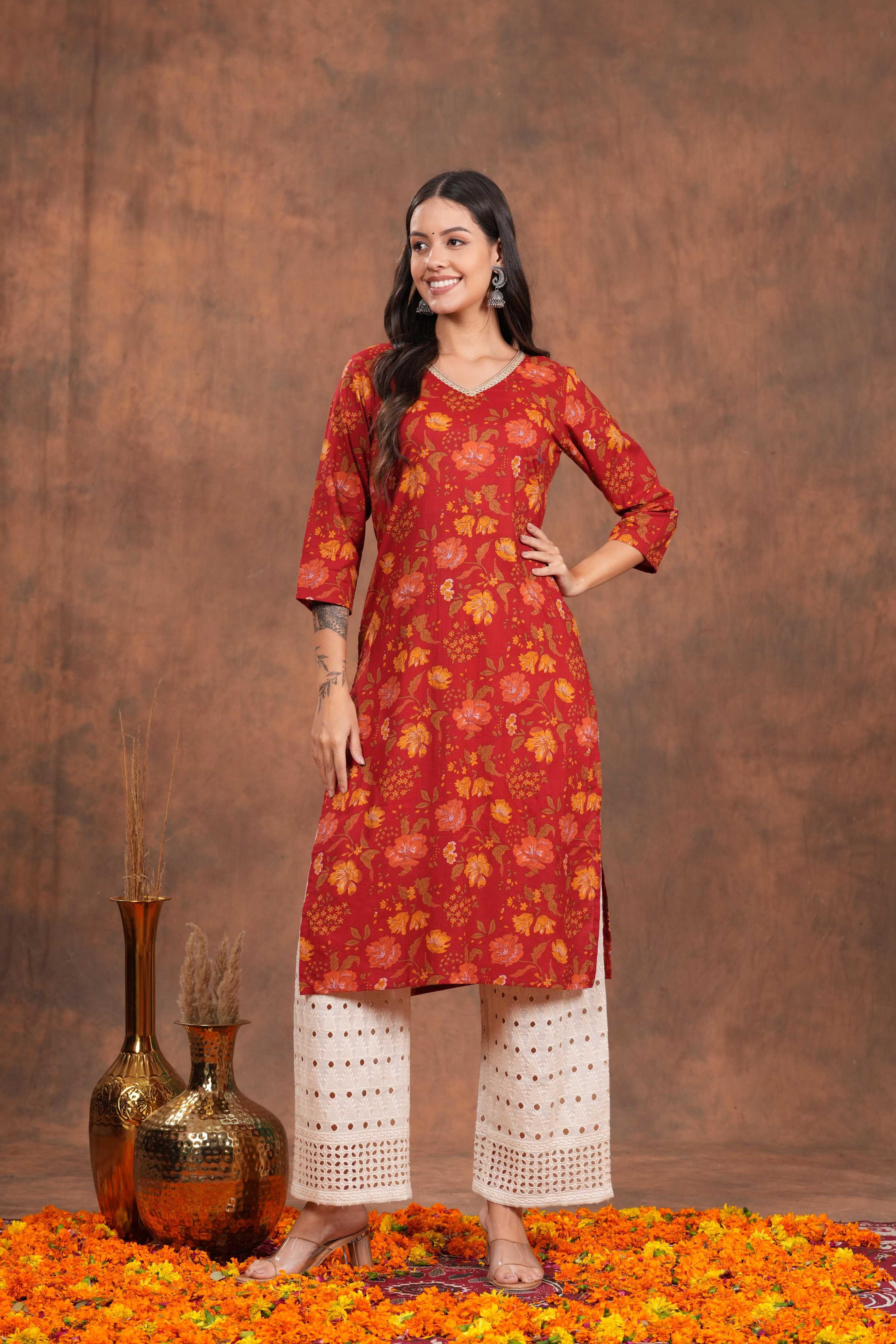 Red Blossom Printed Cotton Long Kurti -Stunning Hot Red For Every Occasion