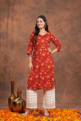 Red Blossom Printed Cotton Long Kurti -Stunning Hot Red For Every Occasion